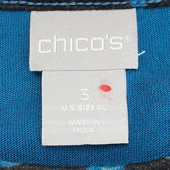 Chico’s Popover Top, Women's Size 3 (16) Bishop Sleeves, Blue w/Black Flocking - Picture 9 of 10